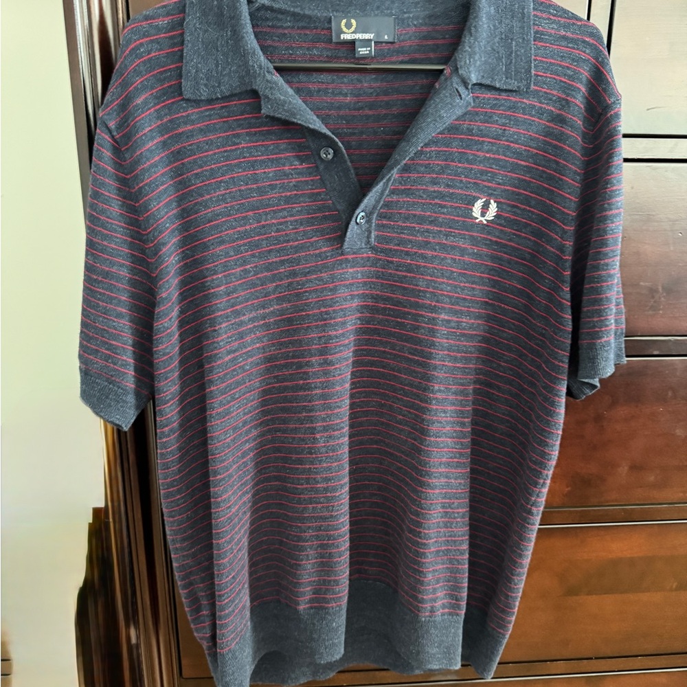 Fred Perry Navy and Burgundy Striped Polo Shirt, size Large (M)